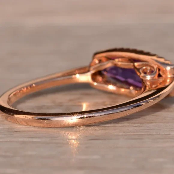 Contemporary Checkerboard Cut Elongated Amethyst and Natural Diamond Halo Ring i